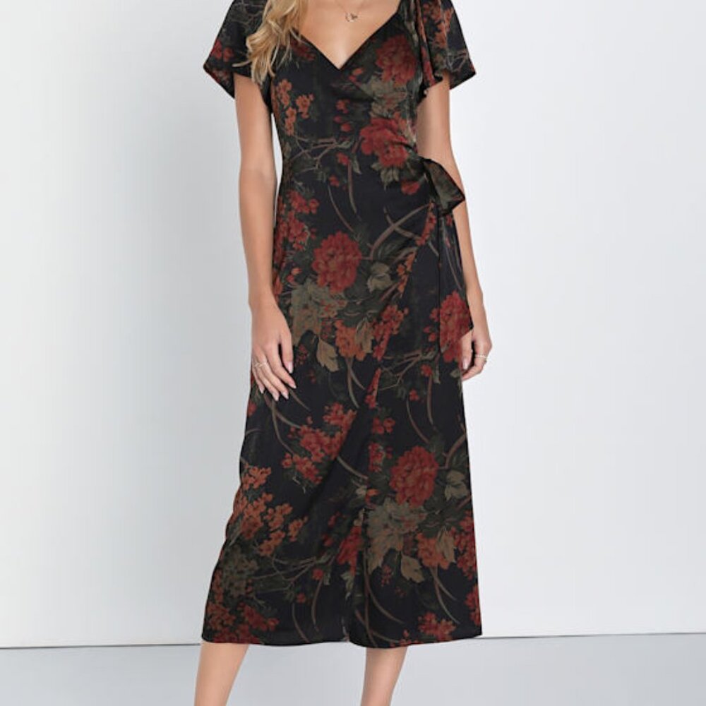 Lulus Subtle Elegance Black Floral Print Faux Wrap Midi Dress - Size S